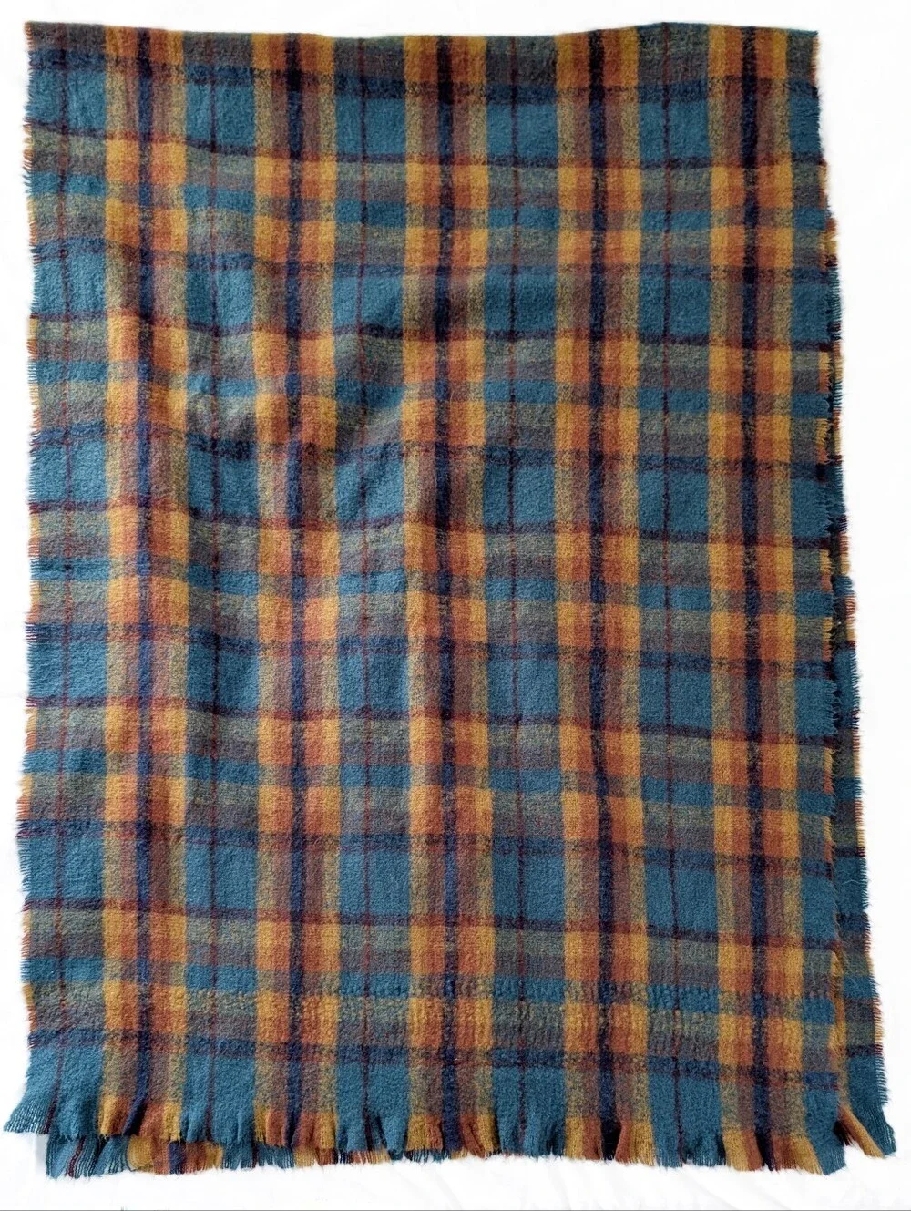 VINTAGE Wool Blanket Shawl Scarf Teal Plum Copper Gold Navy Fringe Wrap 80x24